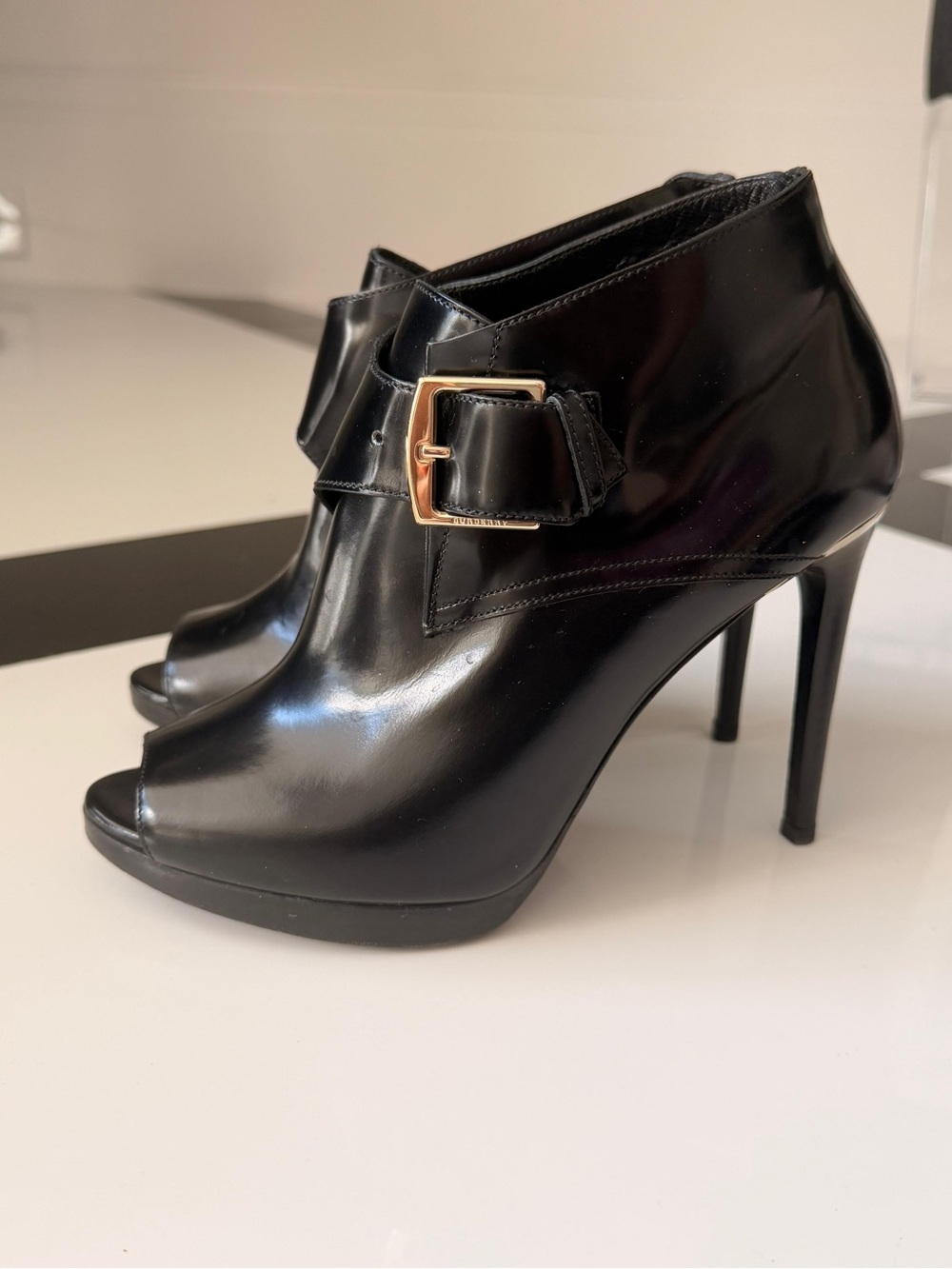 Burberry Black Leather Peep-Toe Mules with Gold Buckle